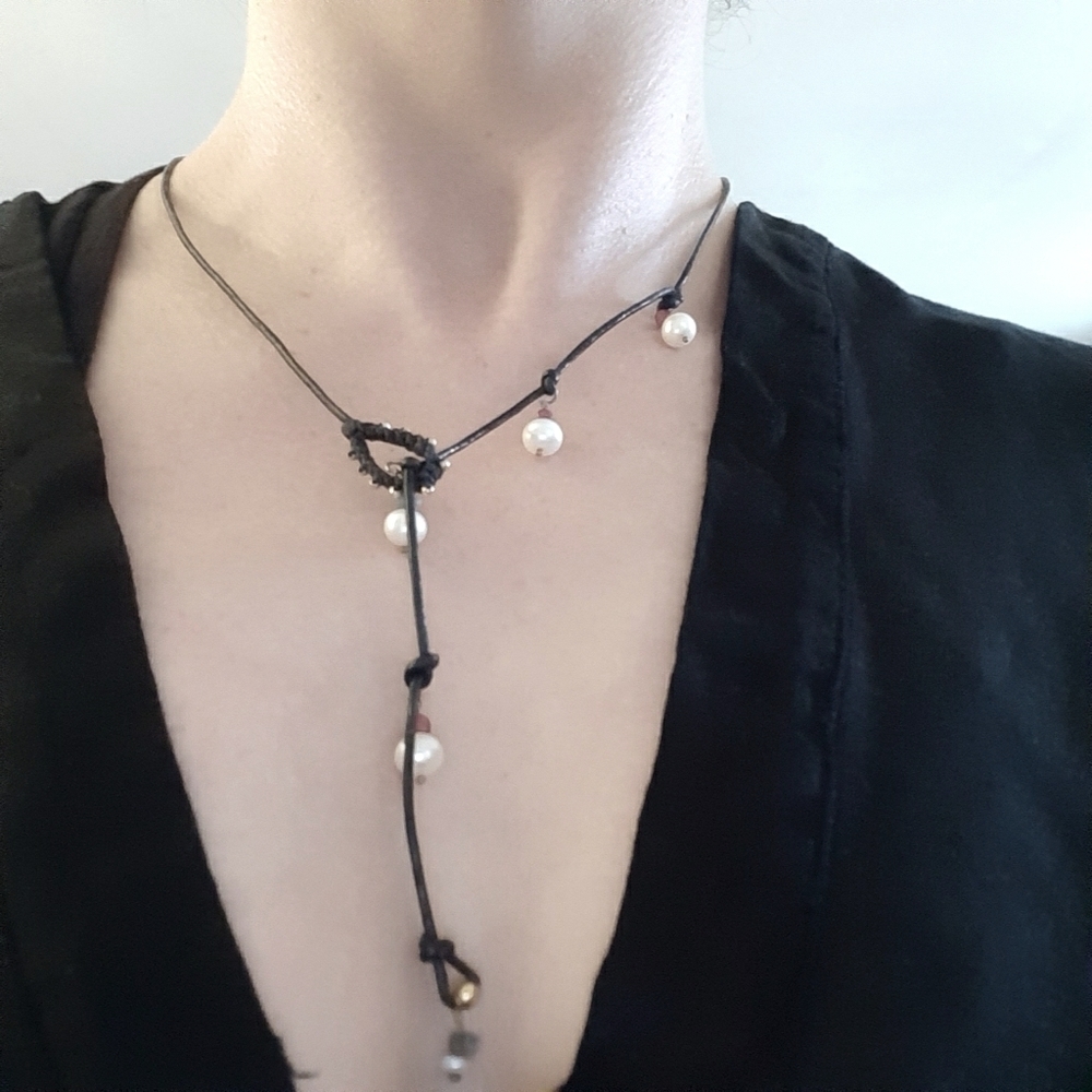Handcrafted Natural Pearl and Real Ruby Leather Lariat Necklace
